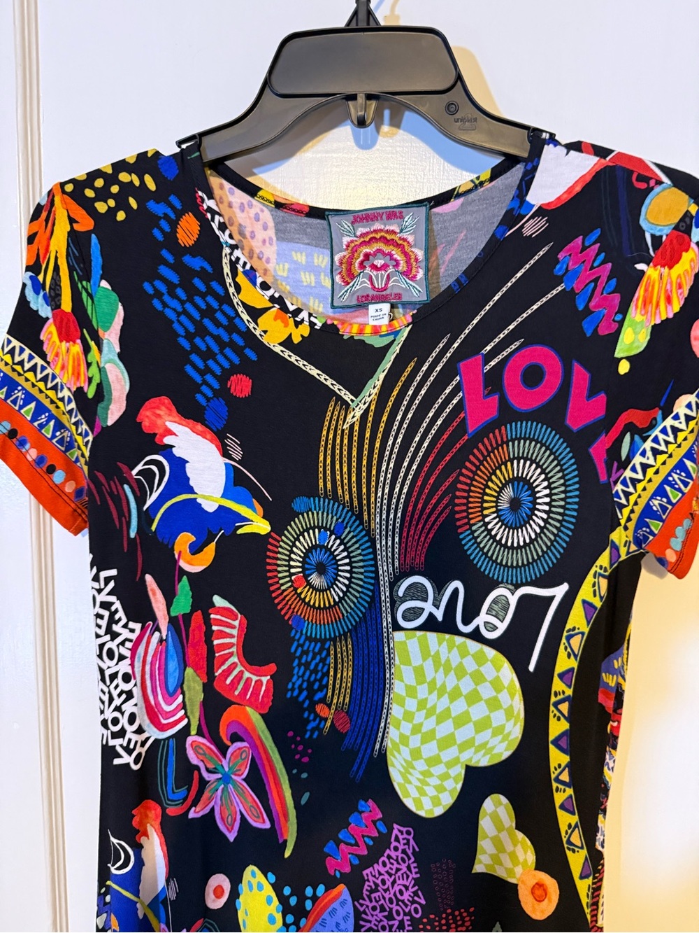 Johnny Was Janie Favorite Jenny Scarf print on black Midi Dress     size XS, NWT
